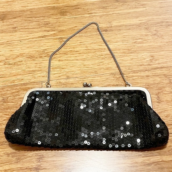 Ann Taylor LOFT black sequin evening bag w/ silver chain. Converts to clutch! - Picture 1 of 9